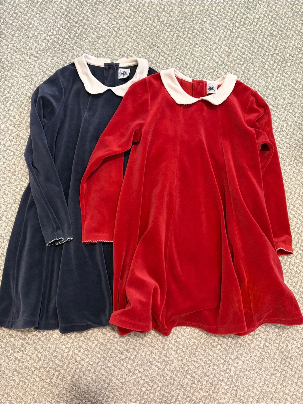 TWO Petite Bateau Velvet Peter Pan Collar Dresses - Red & Navy Sz 8 - Twins!